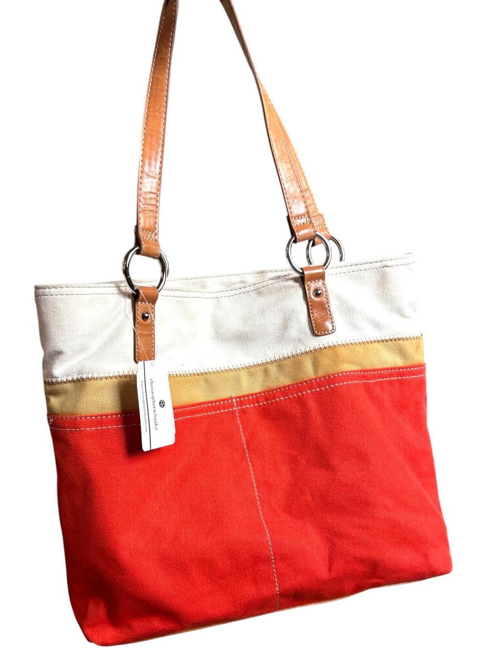 Christopher & Banks Vintage Orange Canvas Tote Bag with Leather Handles